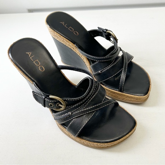Aldo Black Strappy Wedge Sandals with Espadrille Detail Size 37 - Picture 3 of 16